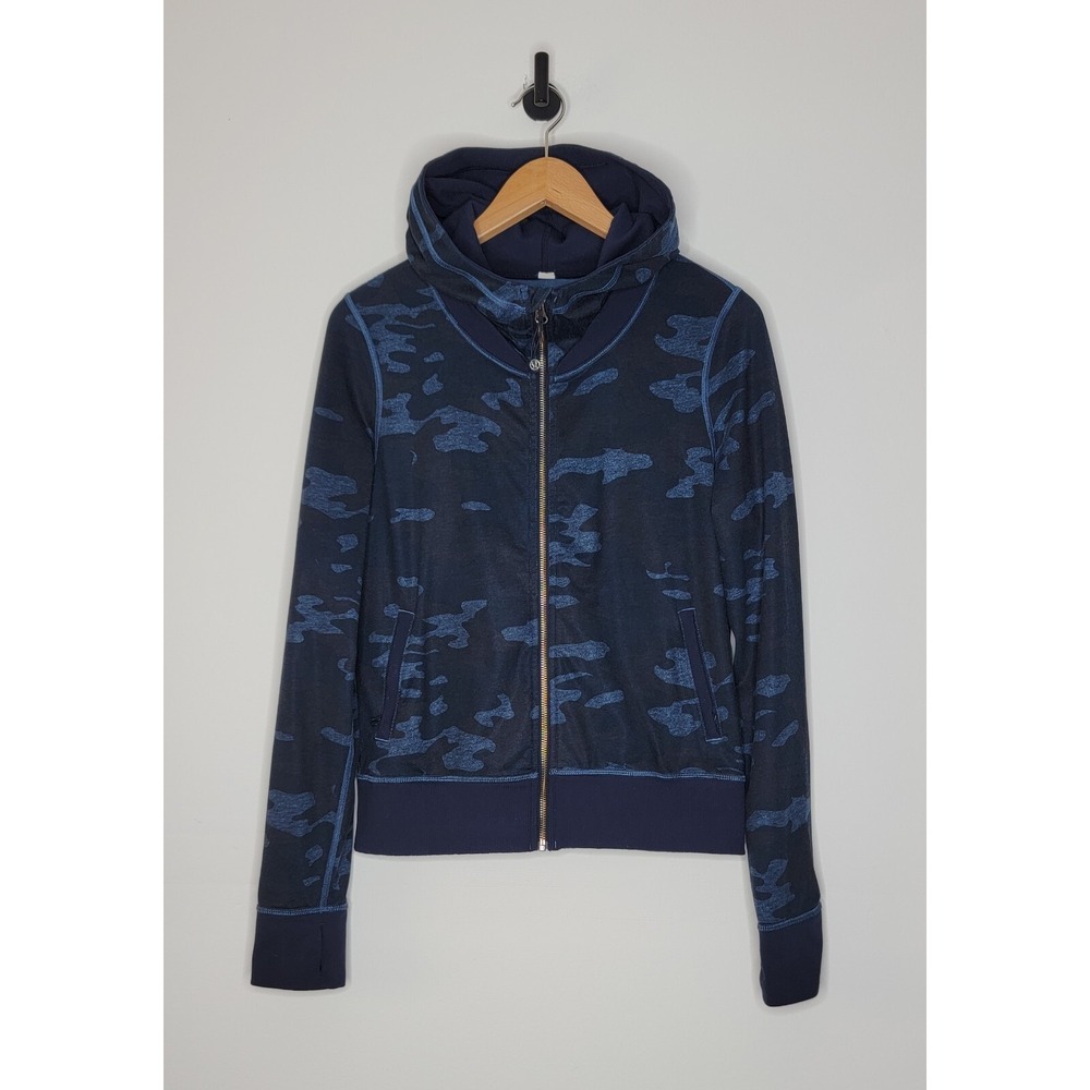 Lululemon Namaskar Blue Camo Jacket Hooded Full Zip Athleisure Pockets Size 6